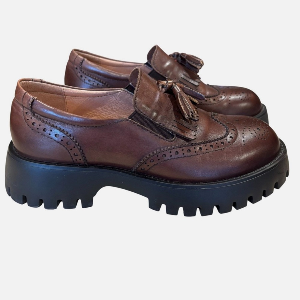 BeauToday Platform Brogue Tassel Loafers Brown Leather Lug Sole Women 8